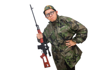Fototapeta premium Military man with a gun isolated on white