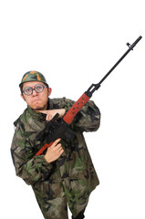 Military man with a gun isolated on white