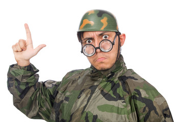 Military man with a gun isolated on white