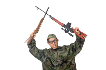 Military man with a gun isolated on white