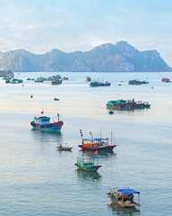 Naklejka na ściany i meble Dreamy seascape with authentic colourful boats