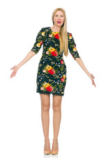 Woman in dark green floral dress isolated on white