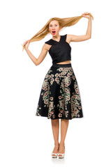 Woman in floral dark skirt isolated on white