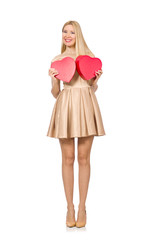 Happy woman holding giftbox isolated on the white