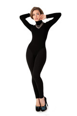 Woman in a black suit. Isolation on a white background.