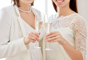 close up of lesbian couple with champagne glasses