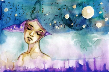 Photo sur Plexiglas Inspiration picturale illustration aquarelle abstraite représentant un portrait d& 39 une femme