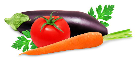 Fresh eggplant, carrot and red tomato on a white background