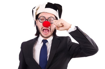 Funny clown businessman isolated on the white background