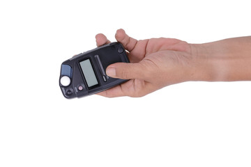 hand male with professional light metering or photometer tool, d