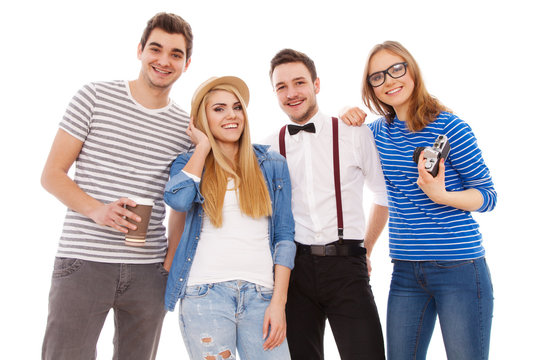 Four Stylish Young People On White Background