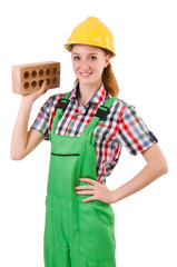 Woman with bricks isolated on white