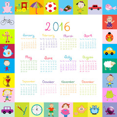 Frame with cartoon toys 2016 calendar
