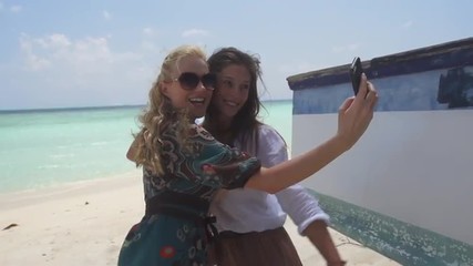 Gorgeous Best Girl Friends Taking A Selfie On A Perfect Beach