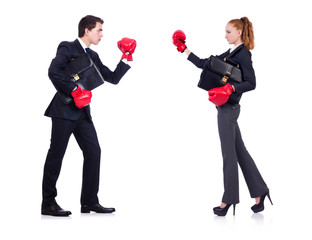 Two people boxing each other isolated on white