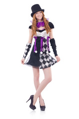 A girl in harlequin costume isolated on white