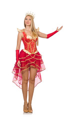 Queen in red dress isolated on white