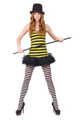 A girl in black and yellow striped dress isolated on white