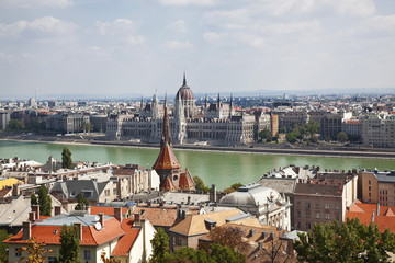 Fototapeta premium panoramic view of Budapest including river Danube and roofs