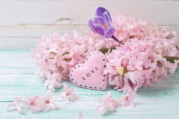 Postcard with fresh flowers hyacynths, crocus.