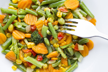Fried vegetables  in a white plate.