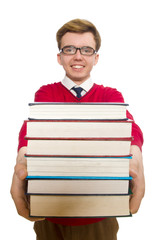 Funny student with books isolated on white