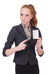 Young woman with pills isolated on white