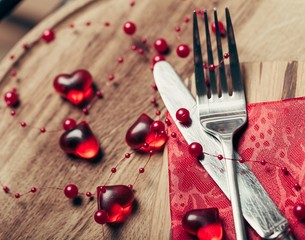 Day. Valentines Day table setting with red heart decoration