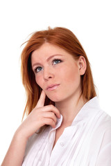 Curious woman thinking when finger on chin