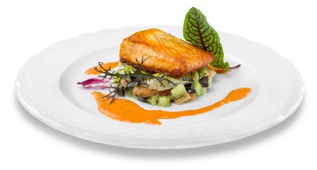 Salmon. Grilled Salmon Steak  with Spinach, Tartare Cream and