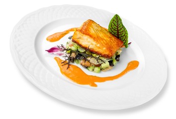 Salmon. Grilled Salmon Steak  with Spinach, Tartare Cream and