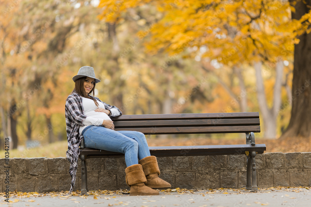 Poster Young pregnant woman in the autumn park