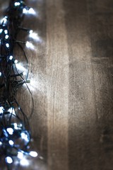Lights. Christmas rustic background - vintage planked wood with