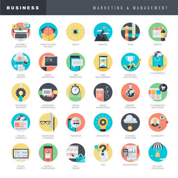 Set of flat design icons for marketing and management