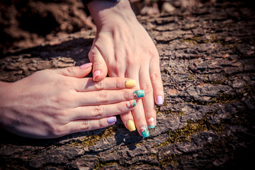 manicure on a background of tree bark