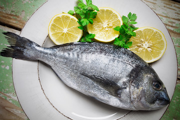 Fresh gilt-head bream with lemon and parsley served on a plate