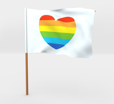 Heart shaped rainbow isolated windy flag on mast 3d illustration