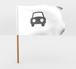 Car symbol isolated windy flag on a brown mast 3d illustration