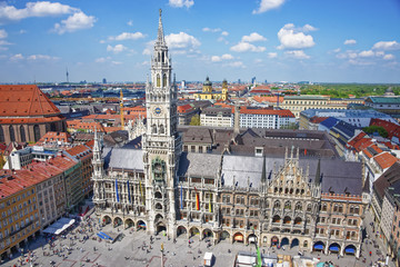 Fototapeta na wymiar Munich city hall and Marienplatz aerial view in Germany