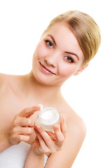 Obraz na płótnie Canvas Skin care. Girl applying moisturizing cream