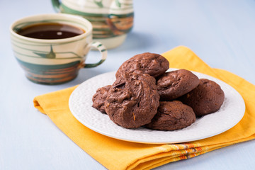 Homemade chocolate cookies on white plate