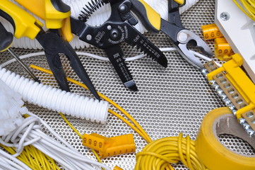 Tools and component for electrical installation - obrazy, fototapety, plakaty