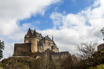 Fototapeta na wymiar Vianden castle in cloudy winter day, Luxembourg