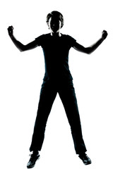 one young teenager boy or girl silhouette happy jumping screamin