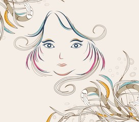 Beautiful doodle girl silhouette with floral ornaments