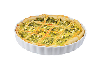 Pie with cheese and herbs in baking form