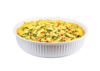 Pie with cheese, asparagus and herbs in baking form