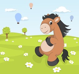 Obraz na płótnie Canvas Spring landscape with cartoon pony on blooming meadow