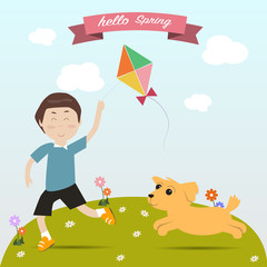 Kid playing kite with  dog on the spring time