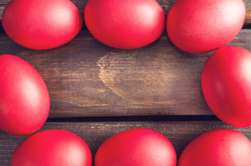 Easter eggs on old dark wood